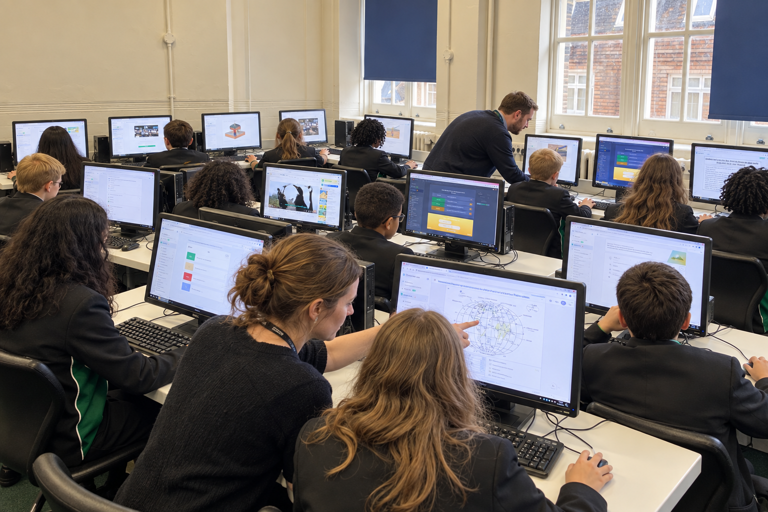 AI-created illustration of a computer class with teacher support
