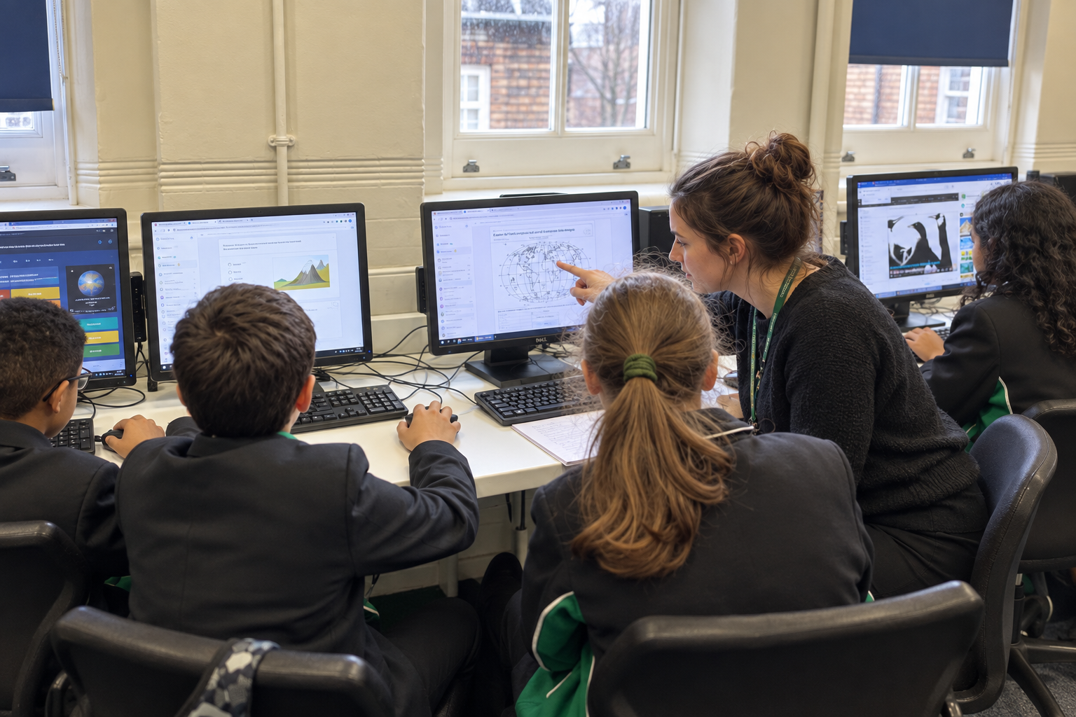 Illustrative classroom scene showing individual teacher support at computers